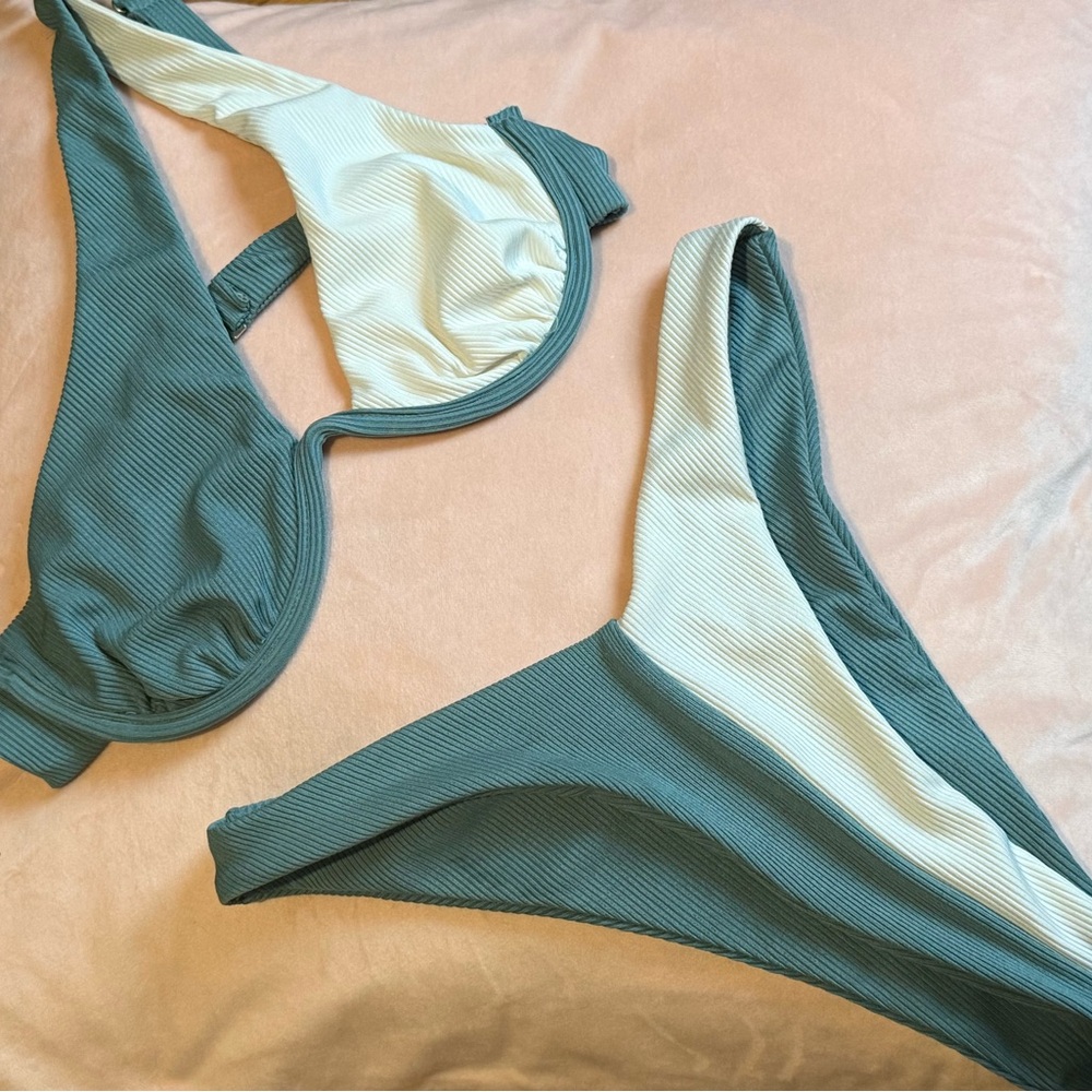 Teal & White One Shoulder High Cut Bikini Set